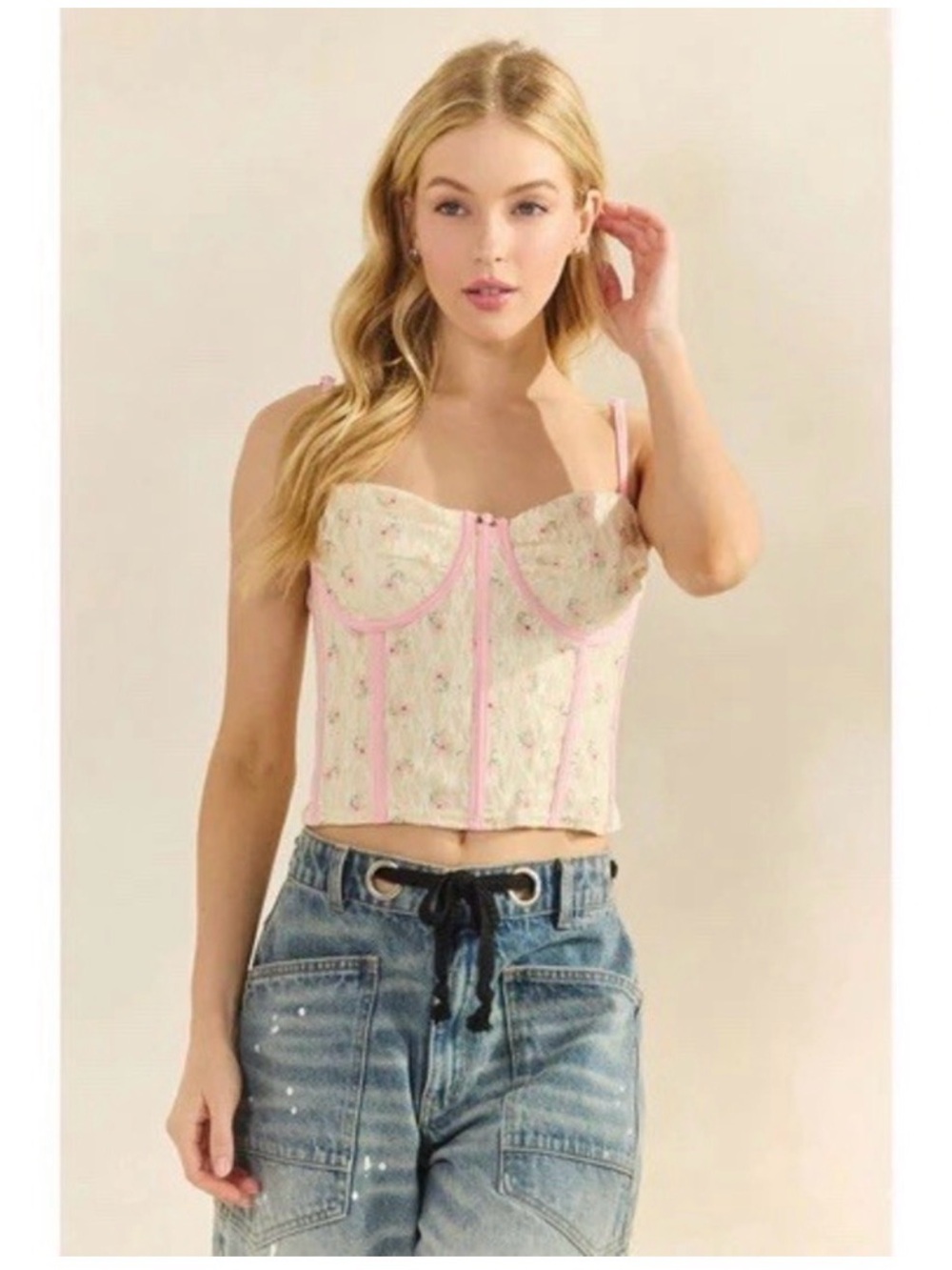 Floral Bustier Crop Top with Pink Trim